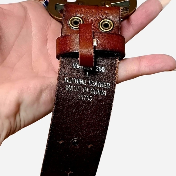 Miss Me Brown Leather Belt with Brass Jeweled Buckle - Picture 4 of 6